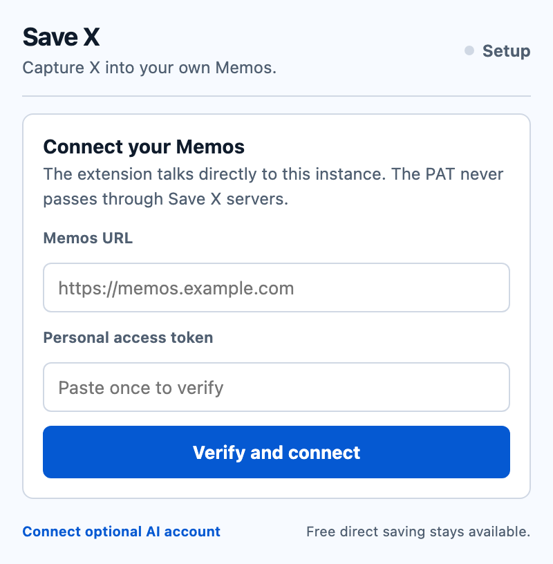 Save X extension showing a direct Memos destination, bookmark sync, and save rules